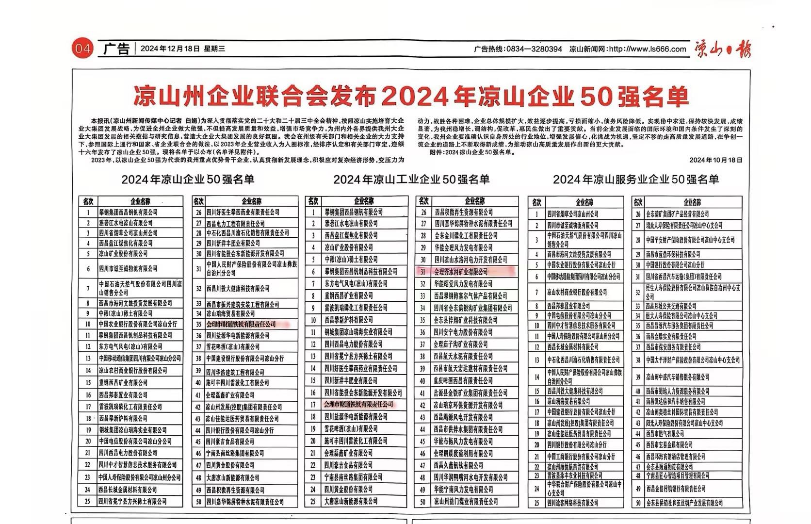 喜报！联鑫矿业会理区域双星闪耀，共登凉山工业企业50强榜单(图2)