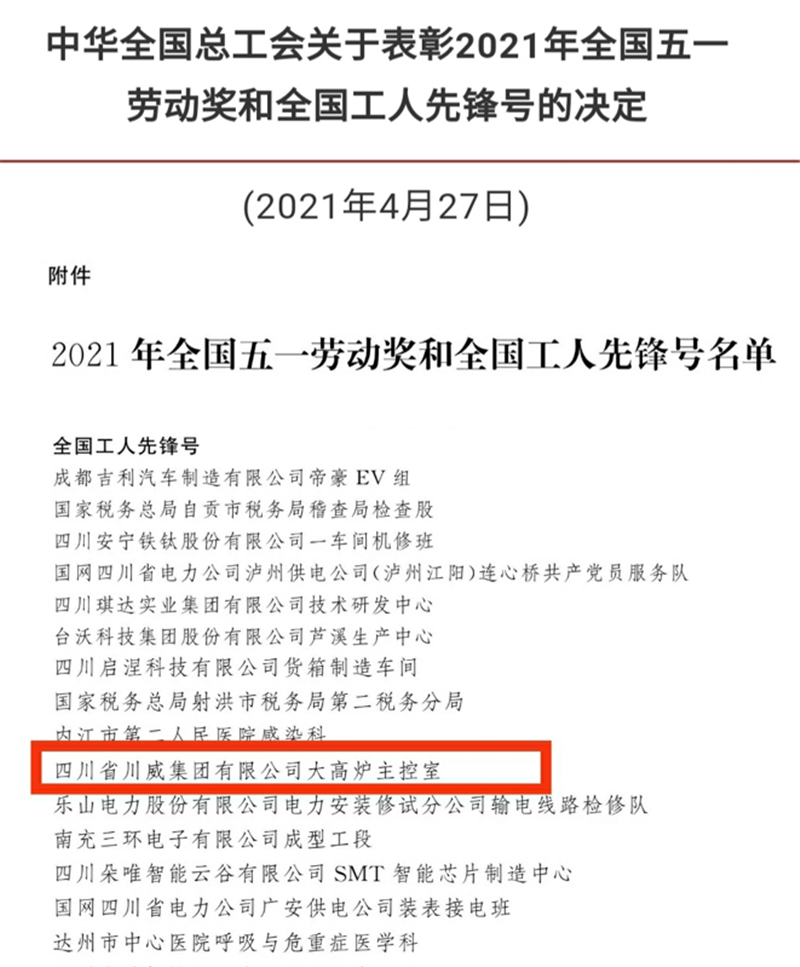 汇赢钒钛科技大高炉主控室荣获全国工人先锋号(图1)